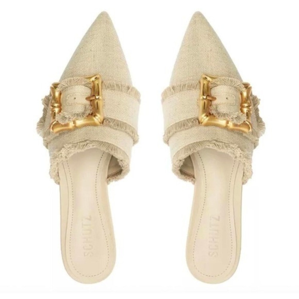 Schutz Size 6.5 Beige Mules Gold Tan Frayed Canvas Buckle‎ Boucle Enola